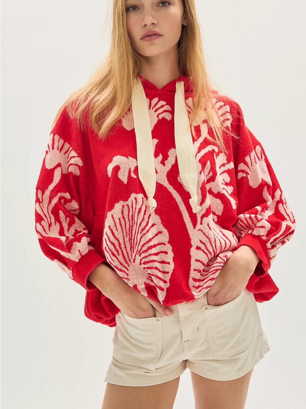Free People. Shell Baby Hoodie. Cherry Hooded Pullover in Shell Print. Medium.